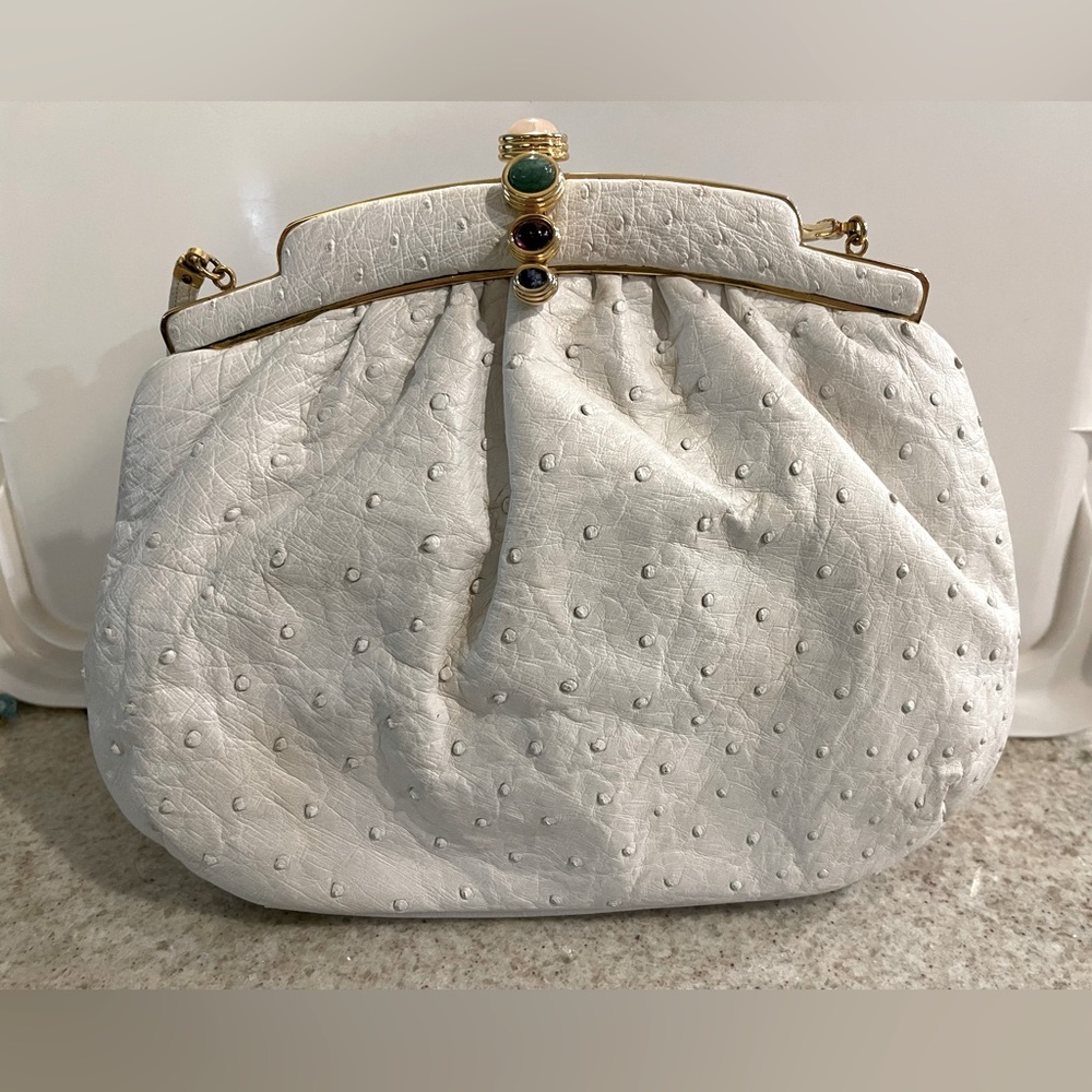 Judith Leiber white Ostrich jeweled clutch/handbag
